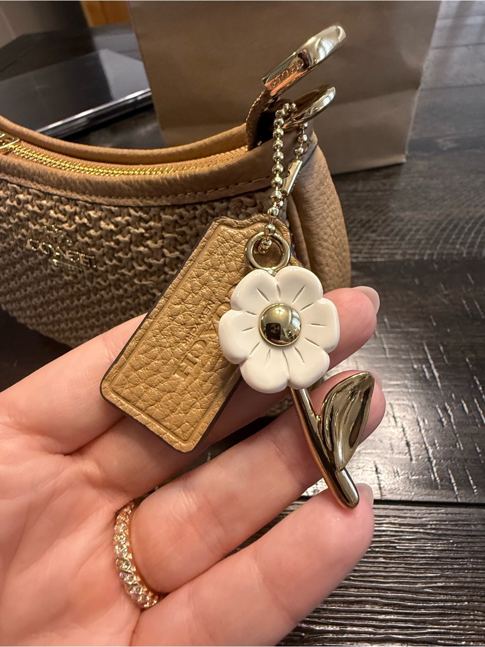 COACH Tan Woven Crossbody with Floral Charm and Adjustable Strap - Picture 2 of 5